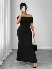 Elenzga 大码女士优雅纯色露肩露背修身连衣裙 - 黑色 - 查看 6