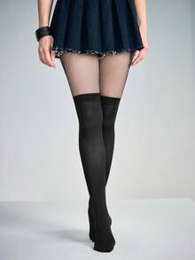 ROMWE Kawaii 1 Pair Simple Versatile Bow Decor Pantyhose + 1 Pair Versatile Multi-Layered Lace Ruffle Bow Knee High Socks, Suitable For Daily, Balls, Parties, Tight-Fitting Stockings - Black - View 1