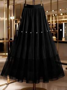 GlowEve CURVE 大码女式纯色褶皱仿珍珠优雅半身裙 - 黑色 - 查看 1