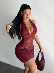 SHEIN SXY Đầm ôm sát cổ chữ V sâu phối ren tương phản dành cho nữ - Màu Đỏ Sâu - Xem 4