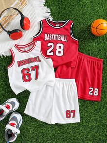 SHEIN 4 pièces/set Ensemble débardeur imprimé lettre décontracté ample et short à taille élastique pour bébé garçon d'été, tenue de basket - Multicolore - Voir 3