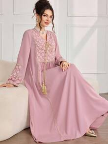 Al Najma 女士复古休闲日常V领系带流苏连衣裙 - 粉色 - 查看 1