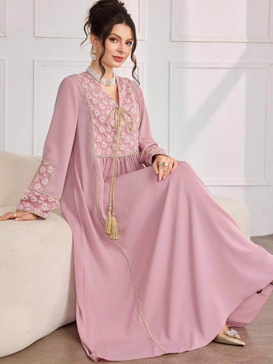 Al Najma 女士复古休闲日常V领系带流苏连衣裙 - 粉色 - 查看 1