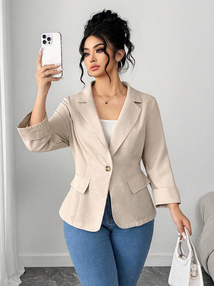 Elenzga Plus Size Women's Fashionable Casual Vintage Elegant Commuter Apricot Blazer