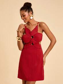 Travachic Đầm slip hở lưng khoét họa tiết hoa 3D màu trơn, thích hợp cho kỳ nghỉ lễ hội, trang phục mùa hè. - Đỏ - Xem 3