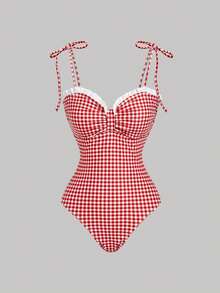 SHEIN MOD Women's Ruffled Plaid One-Piece Swimsuit, Vacation, Swim Suits For Women, Beach Set, Valentine's Day ,Holiday Outfits, Vacation Outfits Women - Red and White - View 7