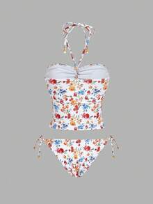 SHEIN MOD Bộ đồ bơi hai mảnh hở lưng họa tiết hoa xinh xắn dành cho nữ, thiết kế thời trang, đồ bơi dễ thương, thường ngày và kín đáo, thích hợp đi biển, bơi lội, nghỉ dưỡng, mùa hè - Nhiều màu - Xem 5