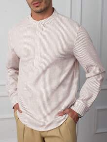 Core Aspect 立领条纹衬衫，半开袖条纹衬衫，长袖条纹衬衫 - 卡其色 - 查看 3