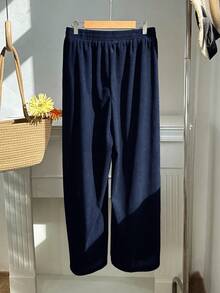 SHEIN EZwear 藏蓝色加大码刺绣灯芯绒休闲裤，带口袋，秋冬款 - 藏蓝色 - 查看 4