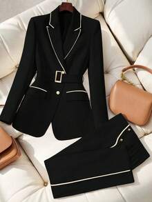 GlowEve CURVE 大码女式拼接优雅西装外套+直筒裤，商务/通勤装