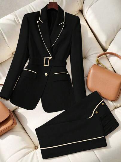 GlowEve CURVE Plus Size Women Patchwork Elegant Blazer + Straight Leg Pants, Business/Commute