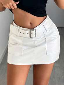 Jeanoix Y2K 时尚白色口袋腰带 PU 涂层 A 字裙 - 白色 - 查看 1