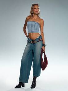 TRNVIE 女士纯色简约日常牛仔抹胸上衣 - 藍色 - 查看 4