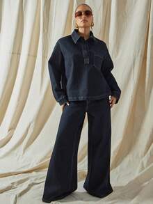 Vixey High Waist Wide Leg Denim Pants With Elastic Waistband - Dark Wash - View 1