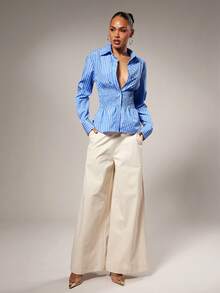 Hauture Women's Casual Striped Waist Cinching Front Button Long Sleeve Shirt, Autumn - Blue and White - View 3