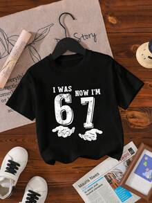 Coolqubz 男童休闲简约“67”图案印花短袖圆领T恤，适合外出穿着，黑色短袖上衣“我六岁了，现在七岁了”七岁生日礼物，春夏款 - 黑色 - 查看 3