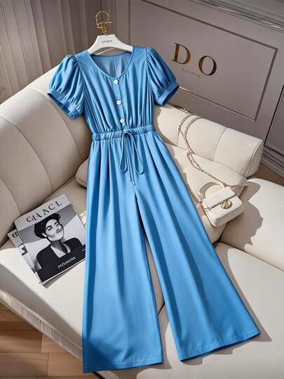 GlowEve CURVE Plus Size Women's Faux Denim Blue Round Neck Button Drawstring Waist Design, Bubble Sleeve Pockets Long Jumpsuit