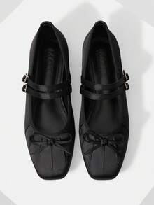 MOTF WOMEN'S ELEGANT MINIMALIST COMMUTING SOLID COLOR BOW DECOR DOUBLE BUCKLE STRAPS BALLET FLATS SHOES FOR CHRISTMAS VALENTINE'S DAY SPRING SHOES - Black - View 4