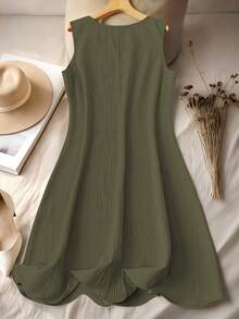 大码女式休闲度假刺绣无袖连衣裙 - 軍綠色 - 查看 2