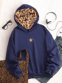 Women's Casual Leopard Print Fleece Thick Warm Sweatshirt, Star Leopard Print Street Fashion, Autumn/Winter - Blue - View 3