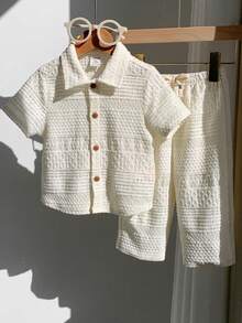 SHEIN 2件套男女宝宝幼儿白色镂空舒适短袖针织衫套装，包含上衣和阔腿裤，休闲复古百搭，日常可爱，适合春、夏、秋季、节日、庆典、度假、郊游、假日、婚礼、婴儿派对、洗礼、周岁生日等场合。 - 白色 - 查看 8