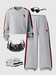 Sparklyn Tween Girls Casual All-Match Versatile Daily School Sports Street Acid-Washed Loose Crop Sweatshirt + Wide Leg Pants Set - Grey - View 3