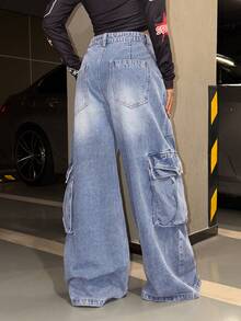SHEIN HypeZone Women's Low Waist Fashionable Loose Cargo Style Versatile Denim Jeans - Blue - View 2