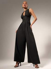 Hauture Bộ đồ liền thân không tay hở lưng phía trước ống rộng gợi cảm dành cho nữ - màu đen - Xem 1