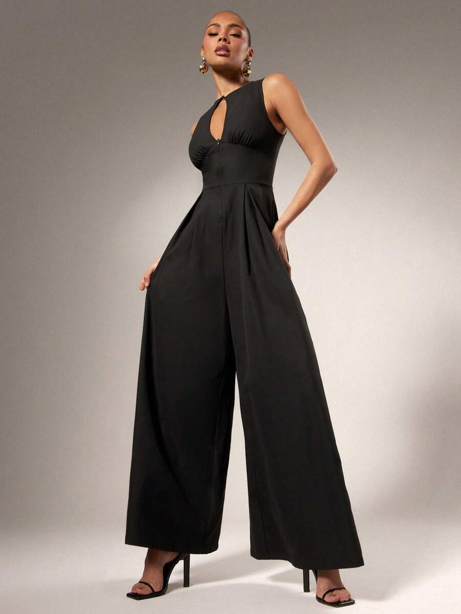 Hauture Bộ đồ liền thân không tay hở lưng phía trước ống rộng gợi cảm dành cho nữ - màu đen - Xem 1