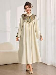 Al Najma 时尚新款提花阿拉伯风格女士连衣裙 - 杏色 - 查看 3