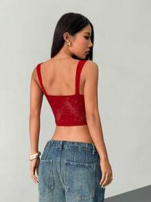 SHEIN PETITE 女士性感蕾丝透视系带吊带背心，适合约会之夜、闺蜜聚会、生日派对、鸡尾酒会、夜店、节日派对等场合。 - 酒紅色 - 查看 2