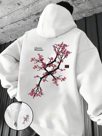 Manfinity Dauomo Autumn Casual Pullover, Men's Winter Jacket, Hooded Zip-Up Sweatshirt, Versatile Design, Plum Blossom Print Pattern, Daily Wear, Sports, White Long Sleeve Hoodie, Outdoor, Travel, Commute, Student