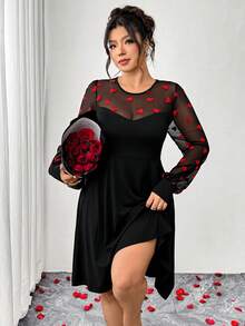Elenzga Plus Size Women's Elegant Fitted Heart Contrast Color Valentine's Day Dress, Mesh Patchwork Waist Cinched Valentine's Day Date Night Slim Fit Dress - Black - View 1