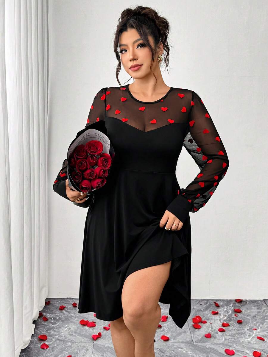 Elenzga Plus Size Women's Elegant Fitted Heart Contrast Color Valentine's Day Dress, Mesh Patchwork Waist Cinched Valentine's Day Date Night Slim Fit Dress - Black - View 1