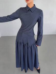 Siren Gaze Navy Blue Striped Commuter Shirt And Skirt Set, Autumn/Winter Elegant Pleated Skirt Set Spring - Navy Blue - View 4