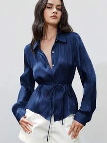 Aveloria Modichic Áo sơ mi nữ thanh lịch tối giản thời trang mới có ve áo, dây rút eo bằng vải satin bóng, áo sơ mi dài tay ôm vừa vặn - Xanh đậm - Xem 4