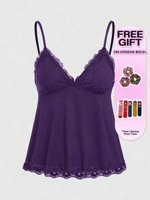 ROMWE Fairycore 女士纯色撞色蕾丝吊带背心 - 紫色 - 查看 5