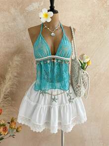 Soleia Blue Top Women's Summer Set Vacation Outfits Women Carnival Women's Floral Lace Starfish Trim Sexy Halter Backless Blouse - Mint Blue - View 4