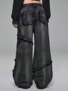 ROMWE Grunge Punk Spring Casual Y2K Punk Rivet Decor Distressed Vintage Washed Wide Leg Low Waist Jeans - Black - View 2
