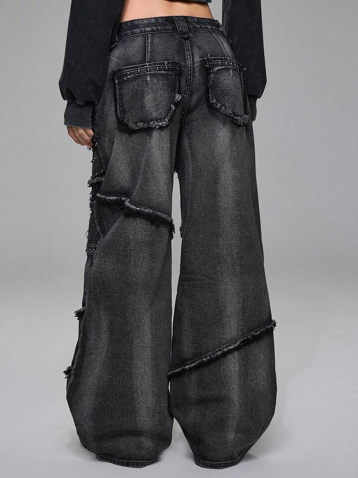 Our Grunge Punk Spring/Suer Spring Graphic Y2K Retro idriff Pocket Cross Wing Ebroidery Fitted Flare Plus Size Jeans is such a vibe - ROWE