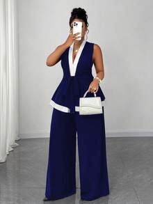 Maweii Plus Size Black & White Sleeveless Patchwork Commuting Chic 2 Pieces Set - Blue - View 3