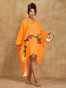 Brilight Women's Daily Casual Floral Print Irregular Loose Dress Basic Daily Festival Party Etc Autumn Dress Spring Summer Shirt Dress - Orange - View 3