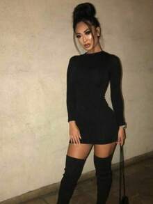 Coco´s apparel vestido corto manga larga para mujer cuello liso - Negro - Ver 4