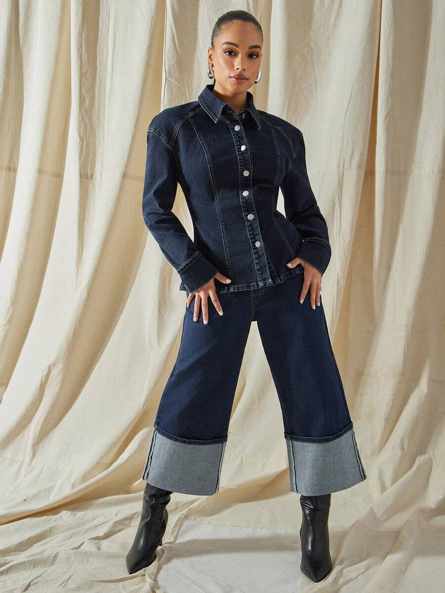 Vixey Jeans évasés à boutons et poches, mode polyvalente, pour le travail et les sorties