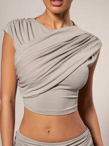 Hauture Bộ đồ công sở 2 món cho nữ đi chơi gồm áo crop top nhún bèo và chân váy maxi cạp trễ - Bụi tím - Xem 6