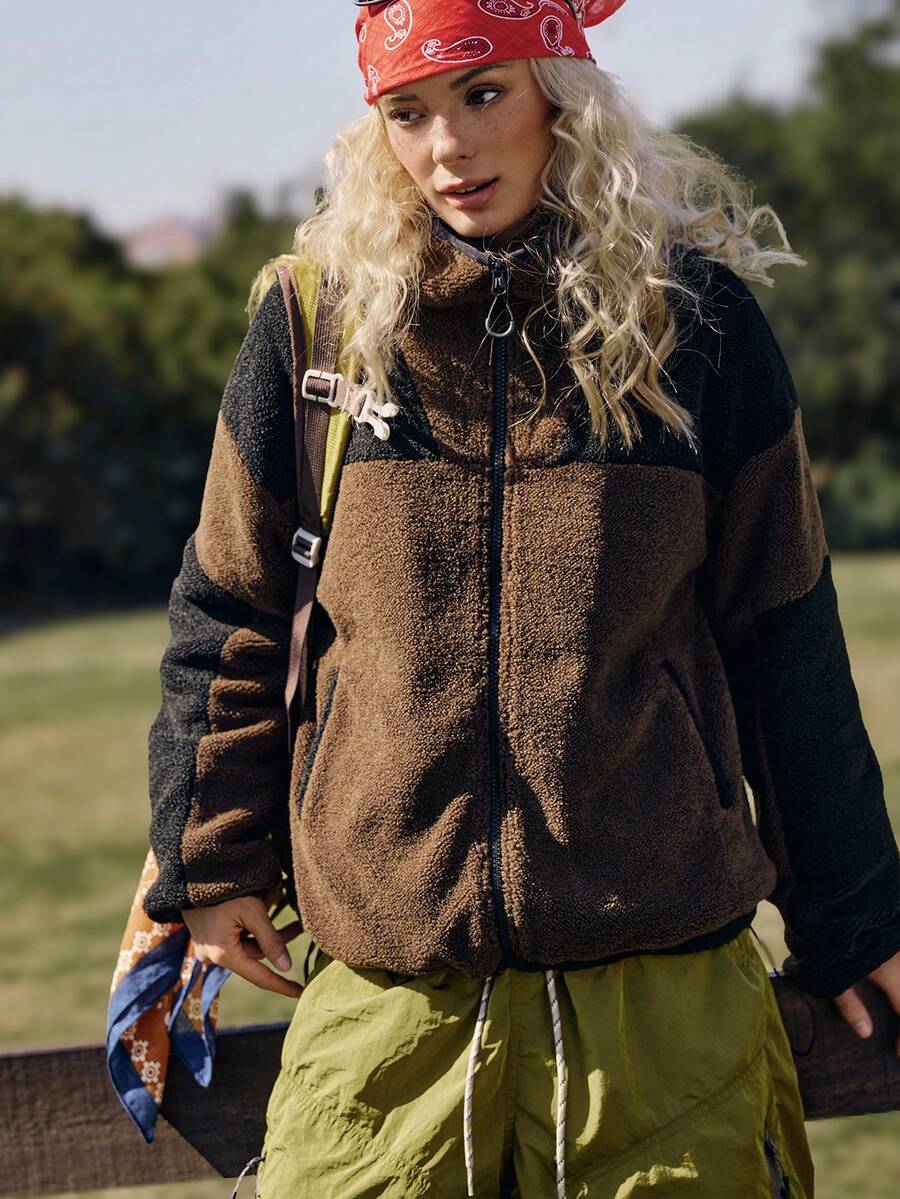 SHEIN Unity Felpa da donna con collo alto, blocchi di colore, tasche con chiusura lampo, casual, per uso quotidiano, manica lunga - Multicolore - Visualizzare 1