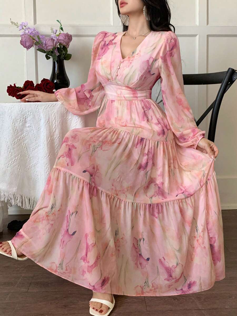 DAZY 女士V领印花连衣裙,优雅长款连衣裙,波西米亚风度假装扮 - 粉色 - 查看 1