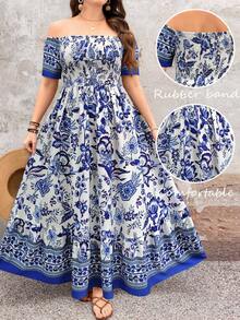 SHEIN LUNE 优雅通勤休闲度假风印花露肩短袖长款连衣裙，百搭绿色和多色，大码 - 藍白色 - 查看 1