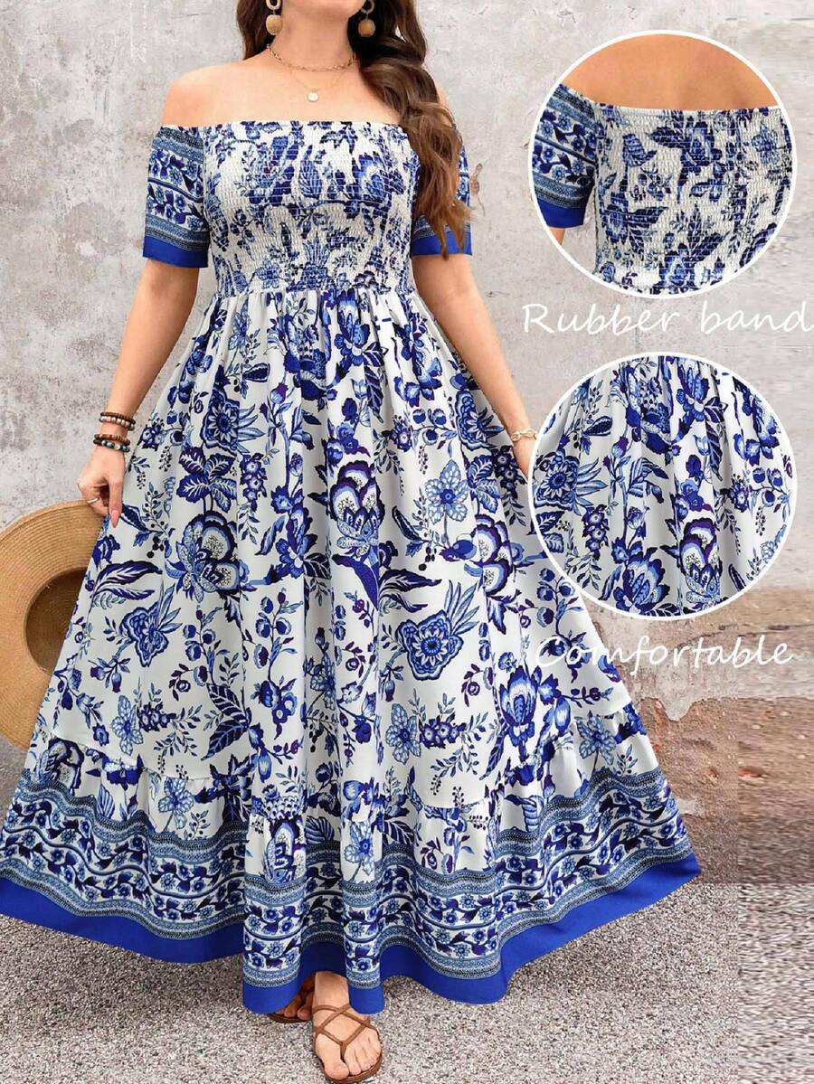 SHEIN LUNE 优雅通勤休闲度假风印花露肩短袖长款连衣裙，百搭绿色和多色，大码 - 藍白色 - 查看 1