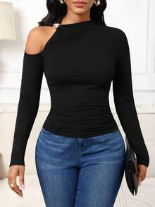 SHEIN Lady Women's Fashionable Off-Shoulder Solid Color T-Shirt, Suitable For Commuting, Autumn Black Tops Women Long Sleeve Tops One Shoulder Top Fitted Tops Women Sexy Black Tops - Black - View 7